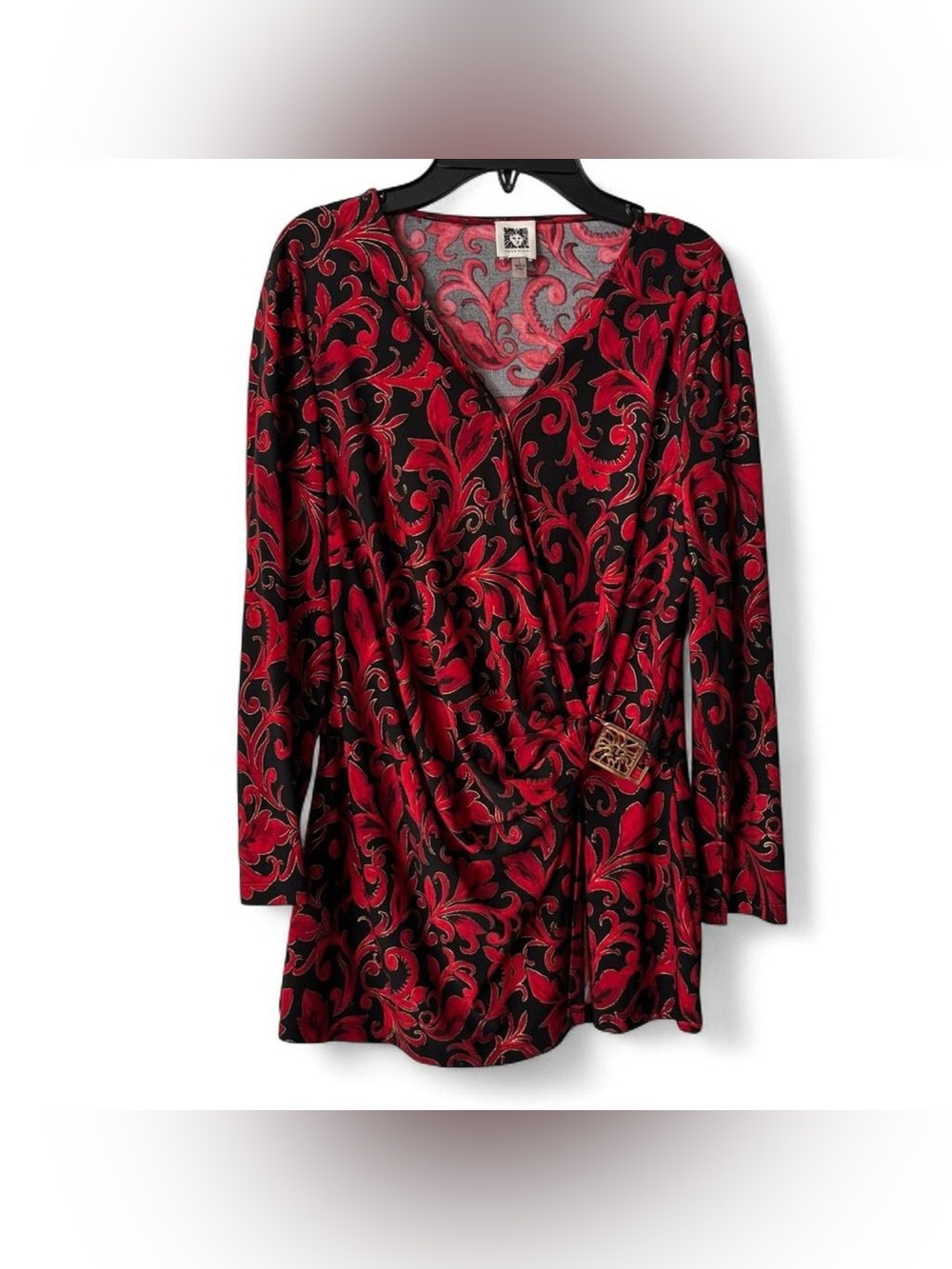 Anne Klein Red and Black Floral Wrap-Style Women’s Top